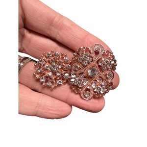 Rose Gold Tone Rhinestone Brooch Lot Of 2 Sparkly Floral Filigree Pins Jewelry